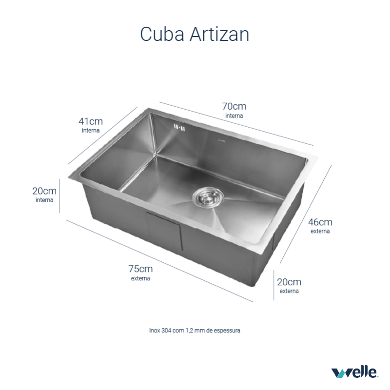 Cuba para Cozinha Artizan Welle 75X46X20cm Inox 304